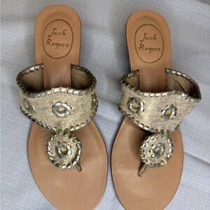 Jack Rogers Metallic Gold Slide Sandals with Signature Medallion
